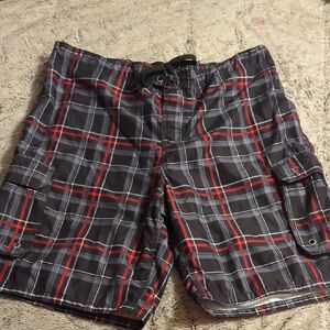 OP Ocean Pacific Swim Trunks Board Shorts Men's Black Plaid Size XL 40-42